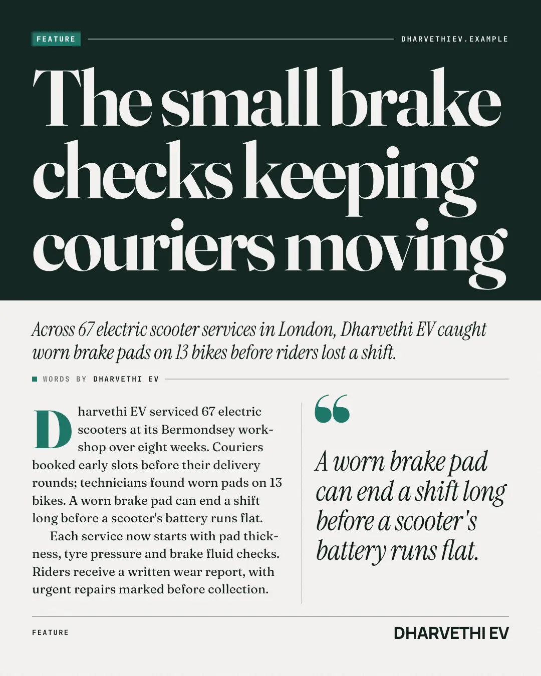 Sample Magazine feature spread creative (News & media template), shown on the fictional brand Dharvethi EV