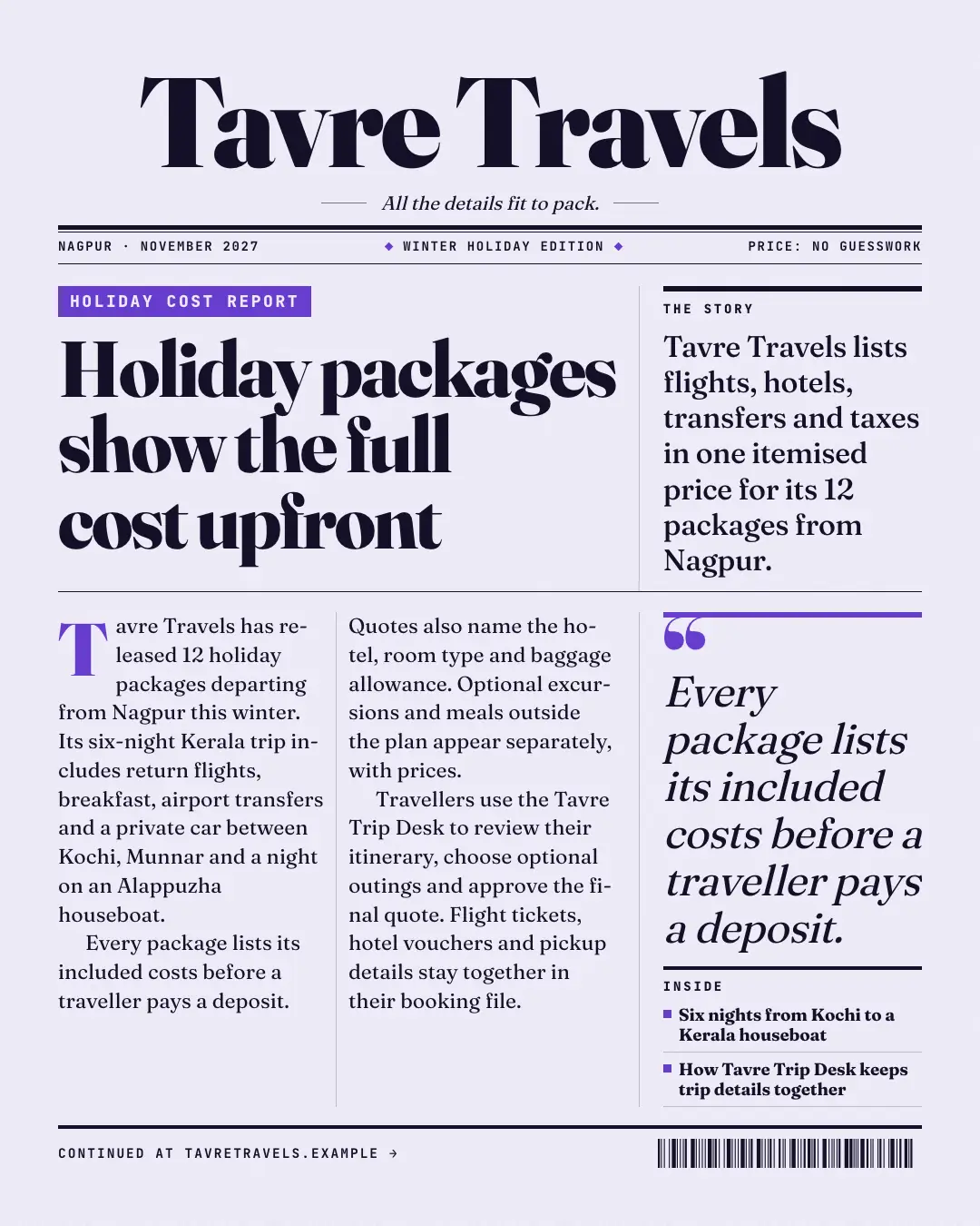 Sample Front page creative (News & media template), shown on the fictional brand Tavre Travels