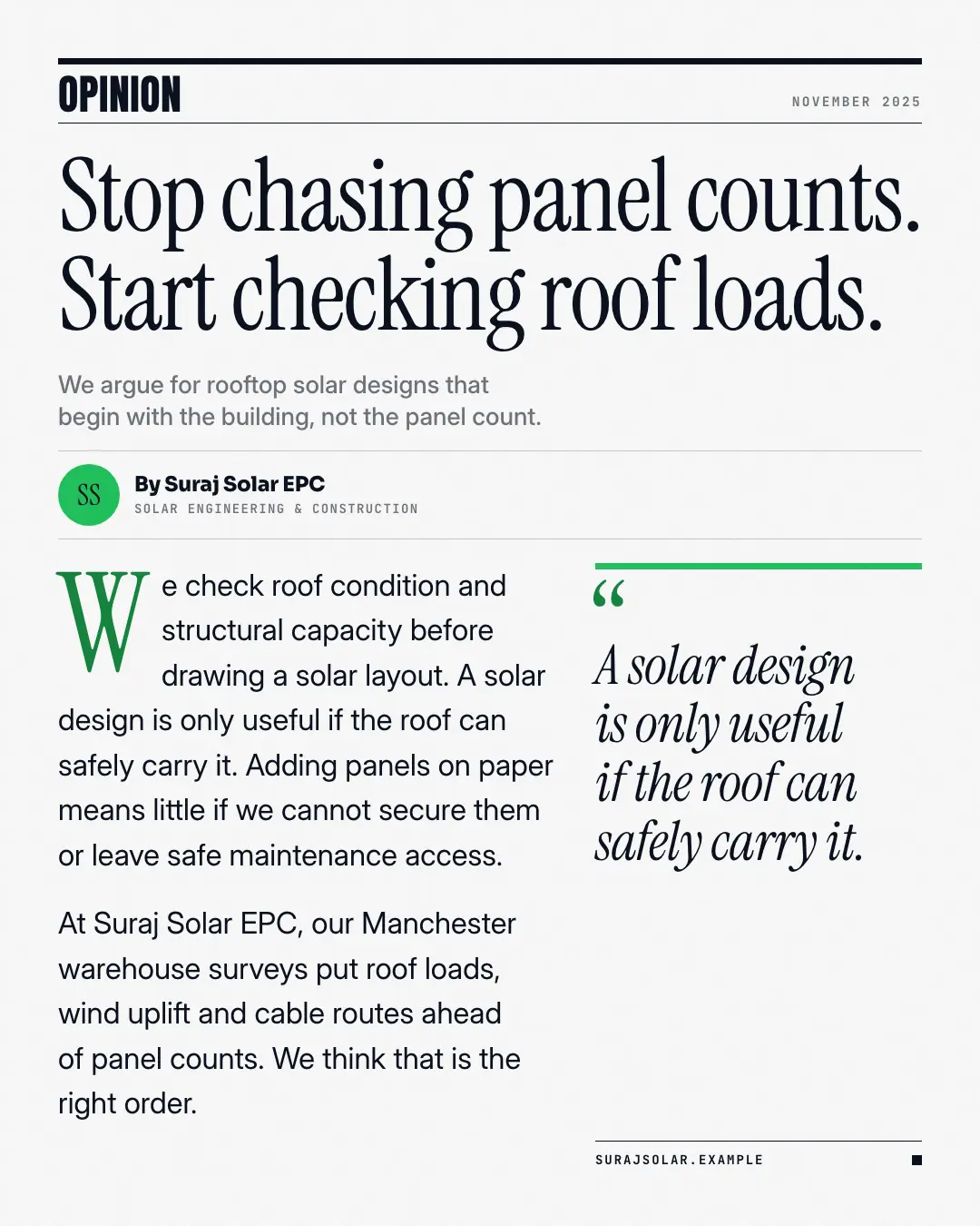 Sample Op-ed column creative (News & media template), shown on the fictional brand Suraj Solar EPC