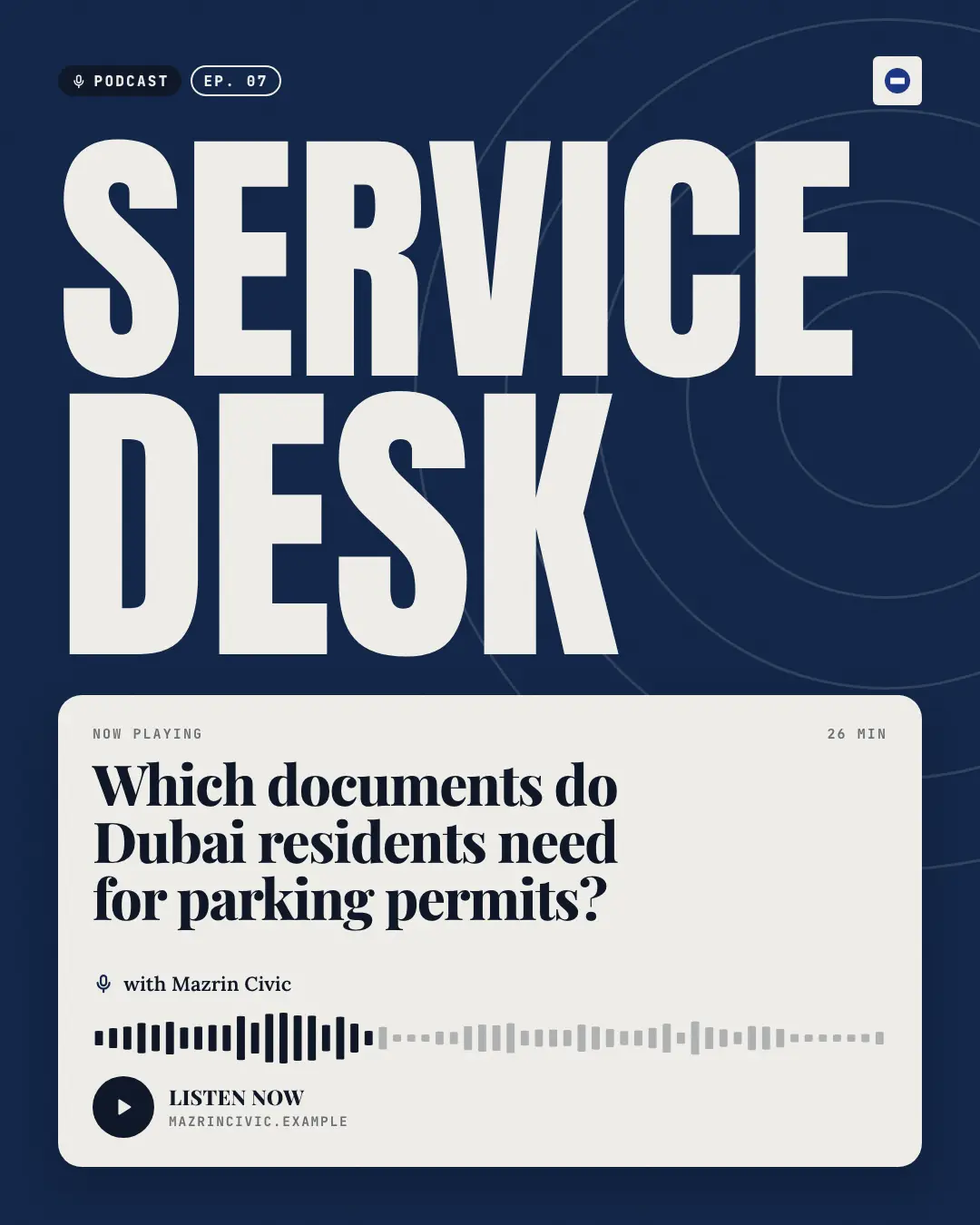 Sample Podcast episode card creative (News & media template), shown on the fictional brand Mazrin Civic