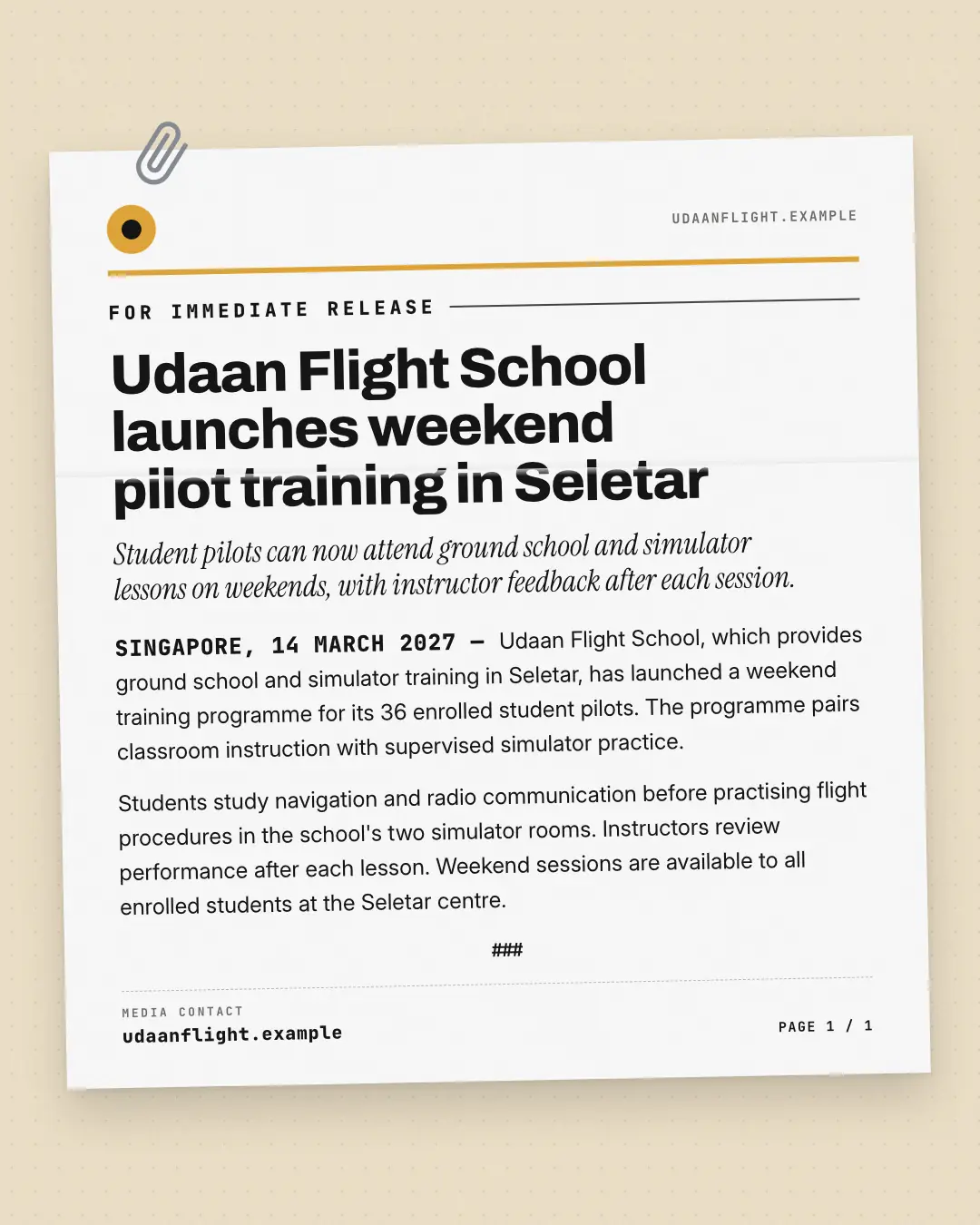 Sample Press release creative (News & media template), shown on the fictional brand Udaan Flight School