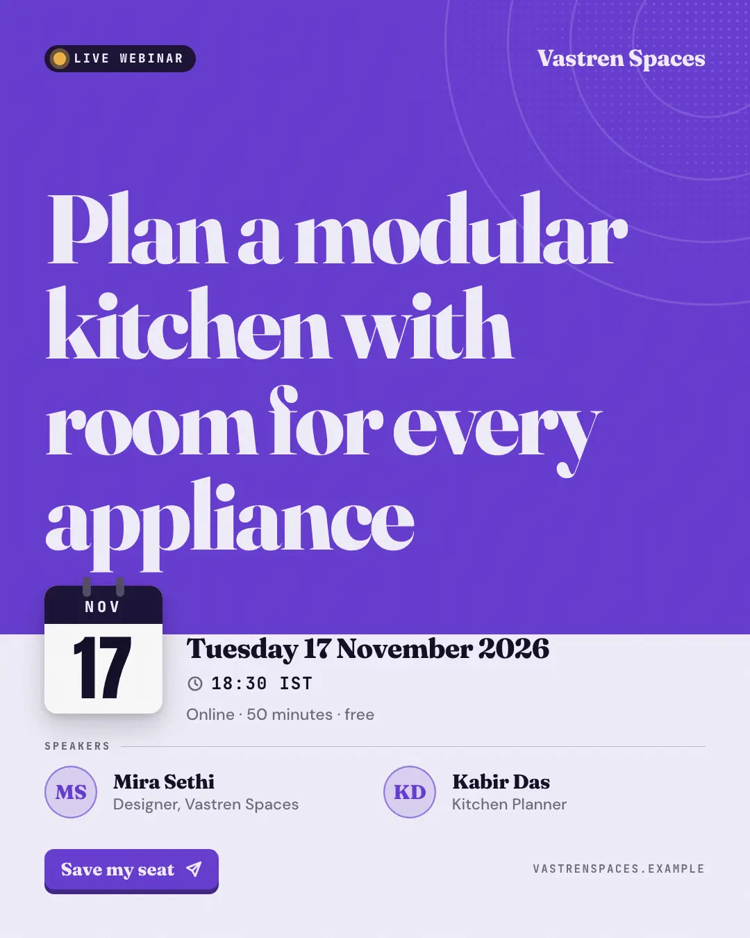 Sample Webinar / event card creative (News & media template), shown on the fictional brand Vastren Spaces