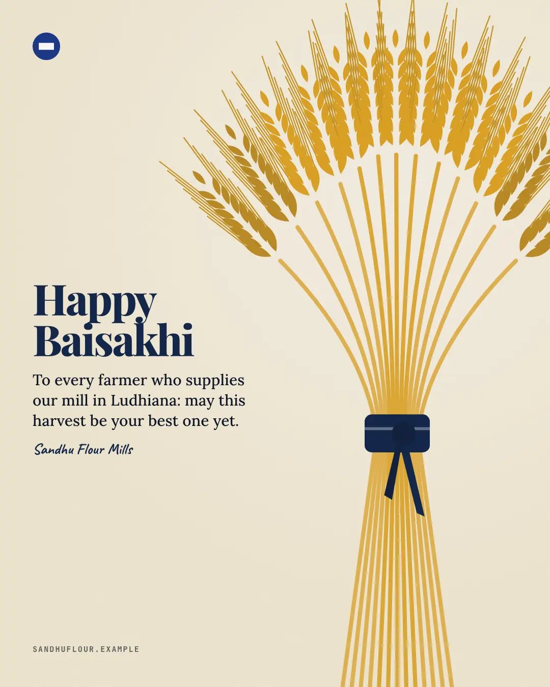 Sample Baisakhi wheat sheaf creative (Festivals & occasions template), shown on the fictional brand Sandhu Flour Mills