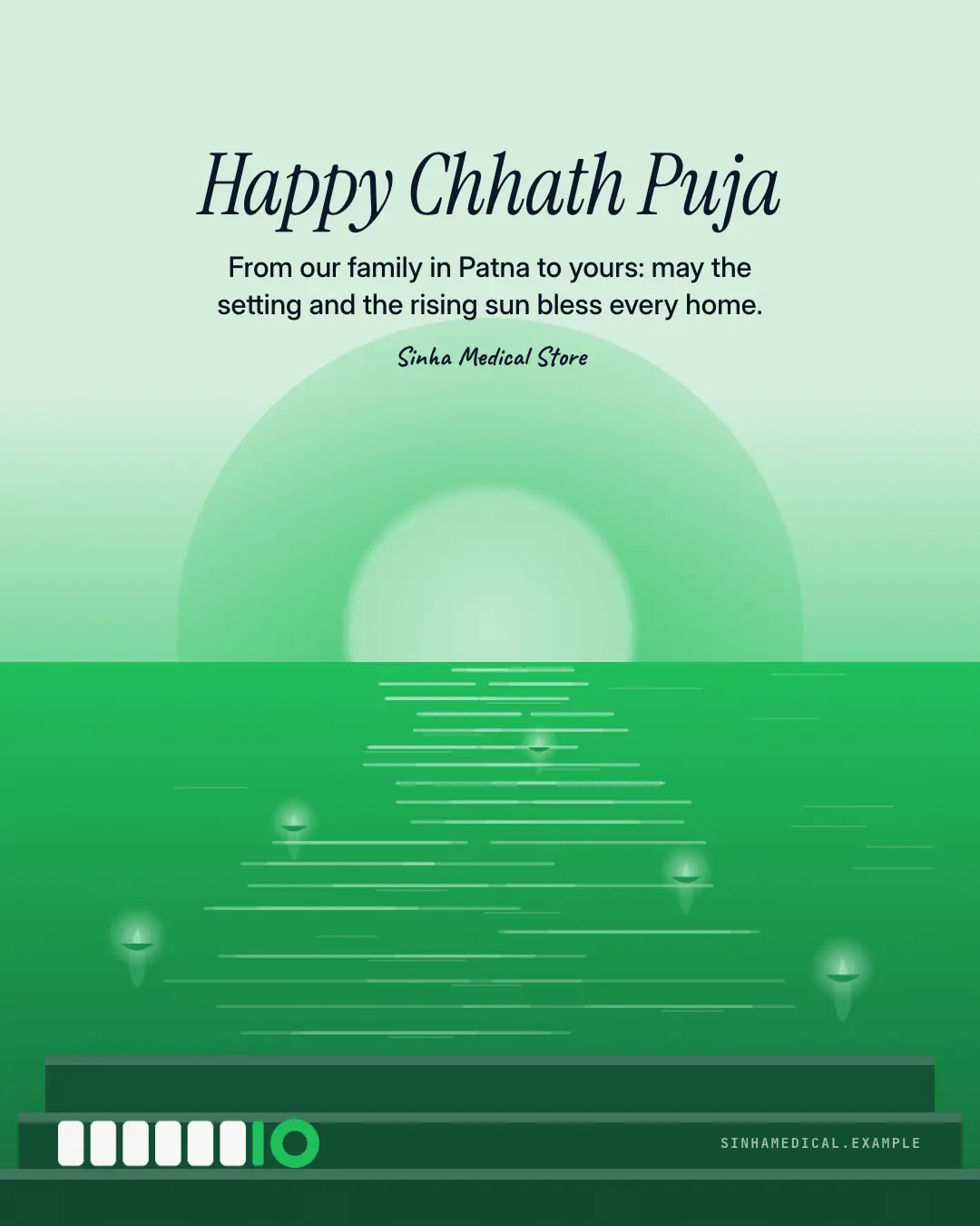 Sample Chhath sun on the ghat creative (Festivals & occasions template), shown on the fictional brand Sinha Medical Store