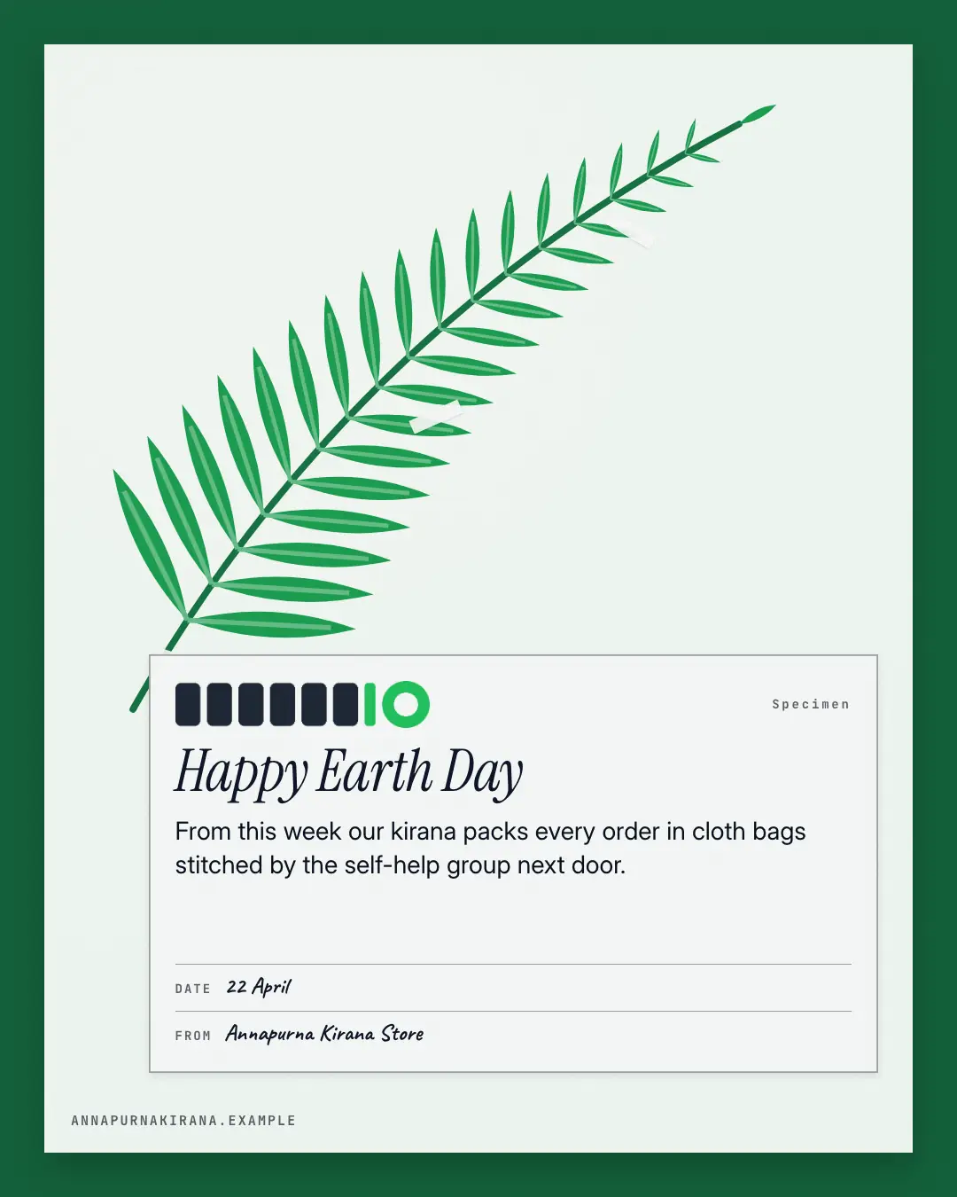 Sample Earth Day herbarium sheet creative (Festivals & occasions template), shown on the fictional brand Annapurna Kirana Store