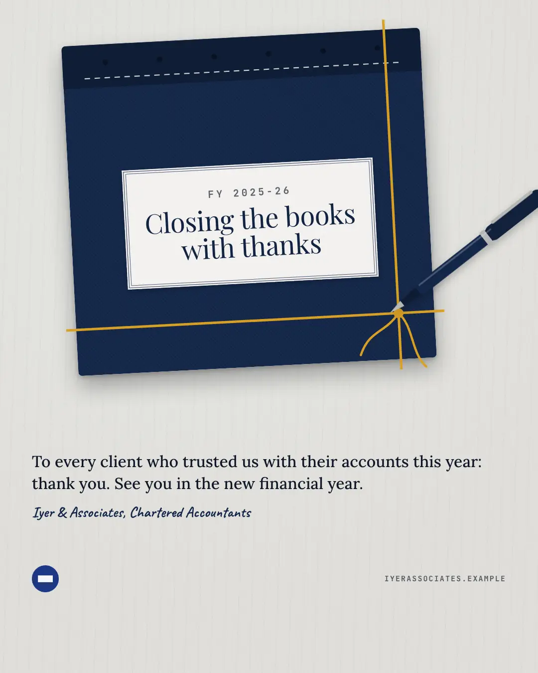 Sample Financial year-end ledger creative (Festivals & occasions template), shown on the fictional brand Iyer & Associates