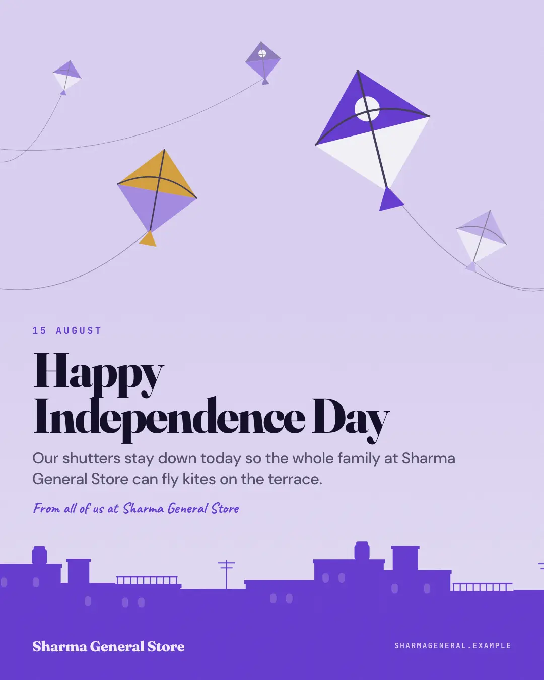 Sample Independence Day kites creative (Festivals & occasions template), shown on the fictional brand Sharma General Store