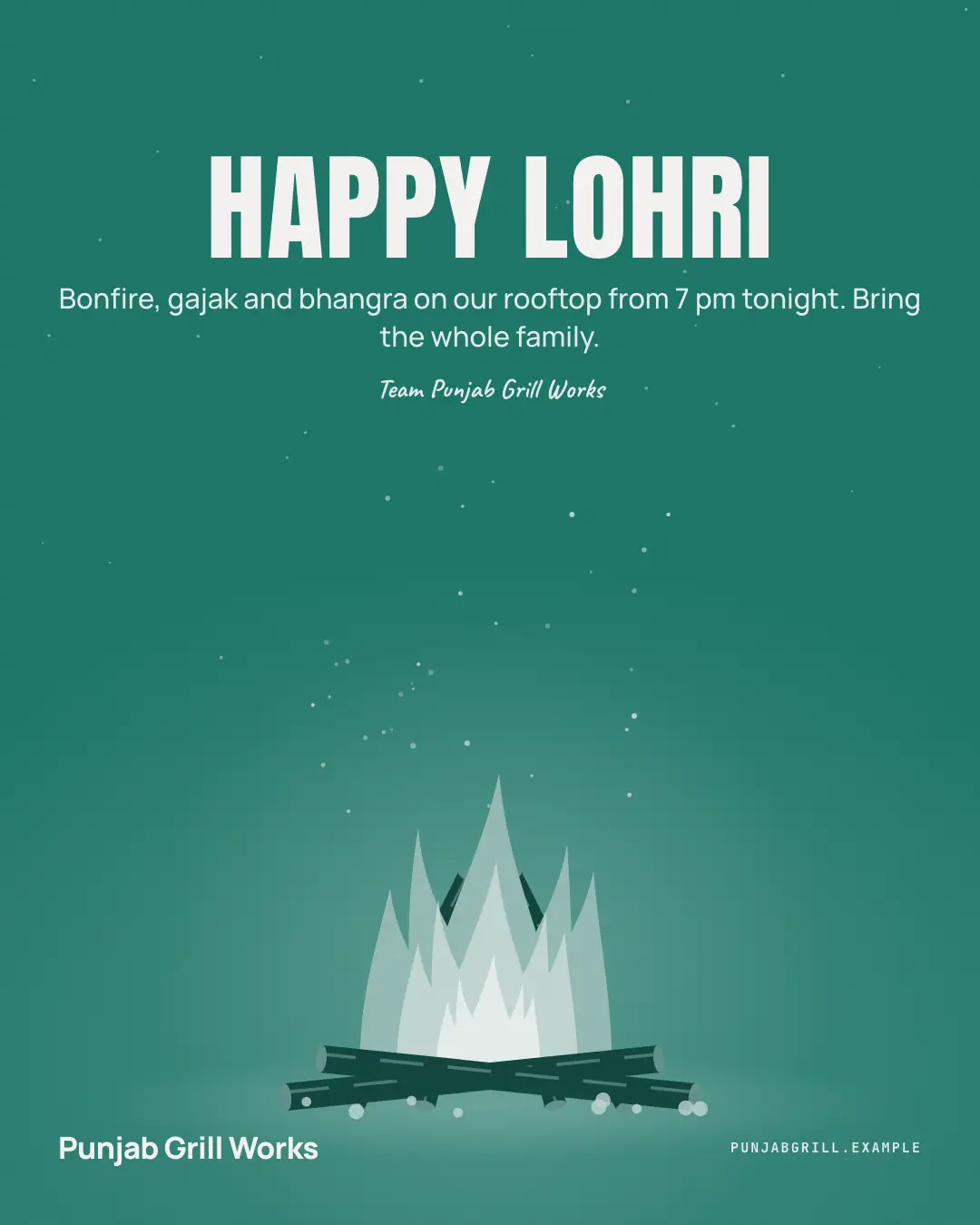 Sample Lohri bonfire creative (Festivals & occasions template), shown on the fictional brand Punjab Grill Works
