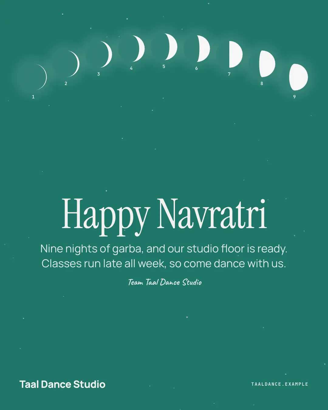 Sample Navratri nine nights creative (Festivals & occasions template), shown on the fictional brand Taal Dance Studio