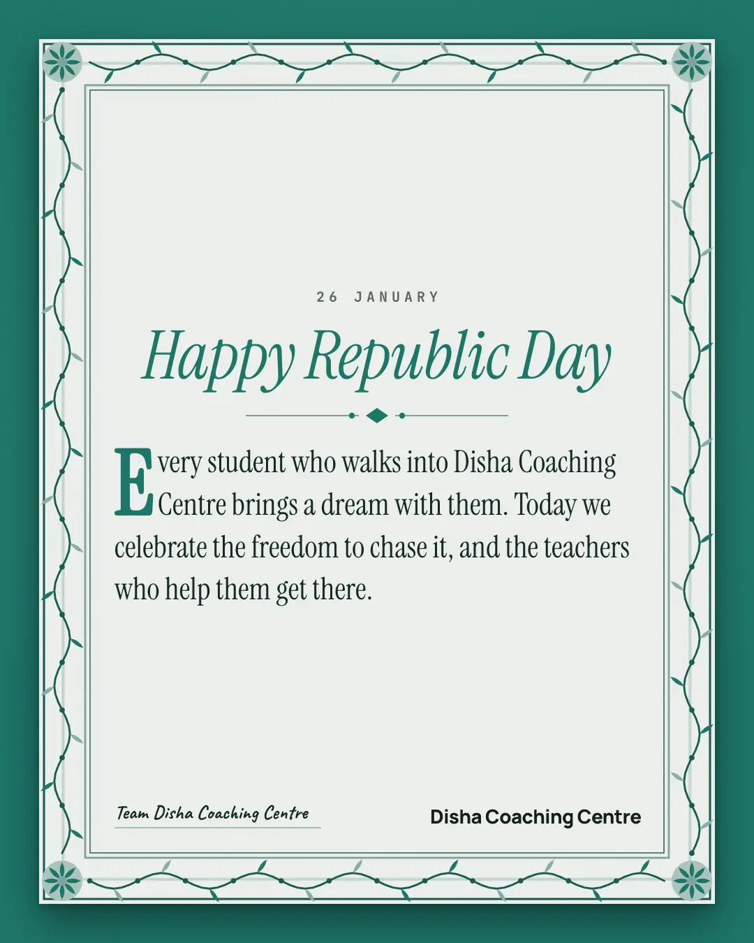 Sample Republic Day illuminated page creative (Festivals & occasions template), shown on the fictional brand Disha Coaching Centre