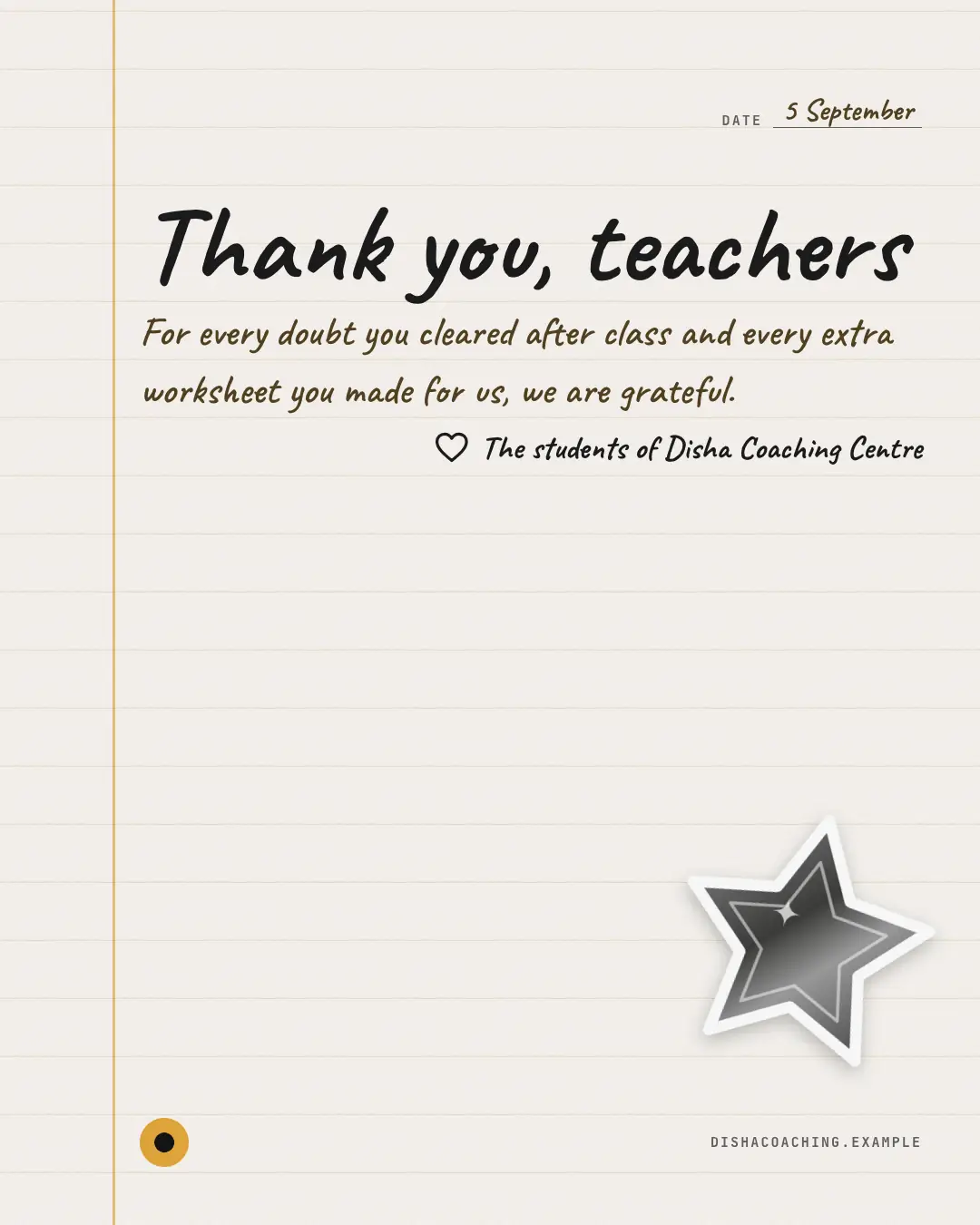 Sample Teachers' Day gold star creative (Festivals & occasions template), shown on the fictional brand Disha Coaching Centre