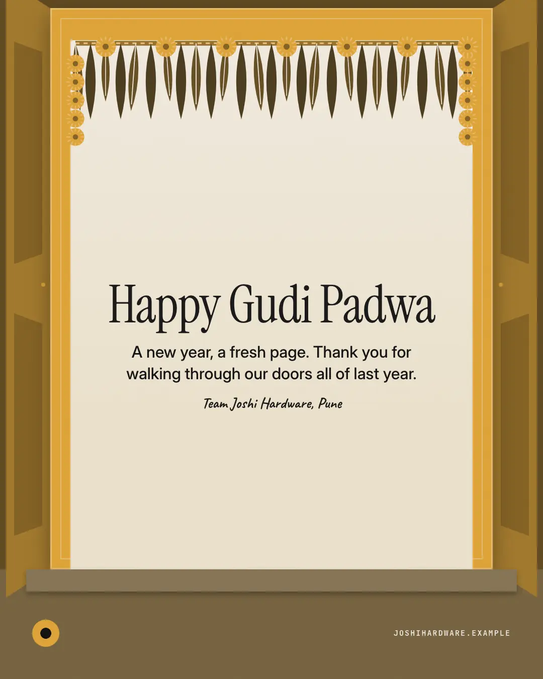 Sample Ugadi & Gudi Padwa toran creative (Festivals & occasions template), shown on the fictional brand Joshi Hardware