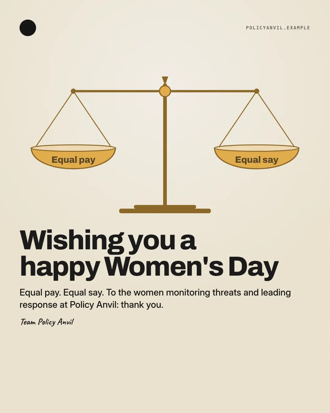 Sample Women's Day equal balance creative (Festivals & occasions template), shown on the fictional brand Policy Anvil