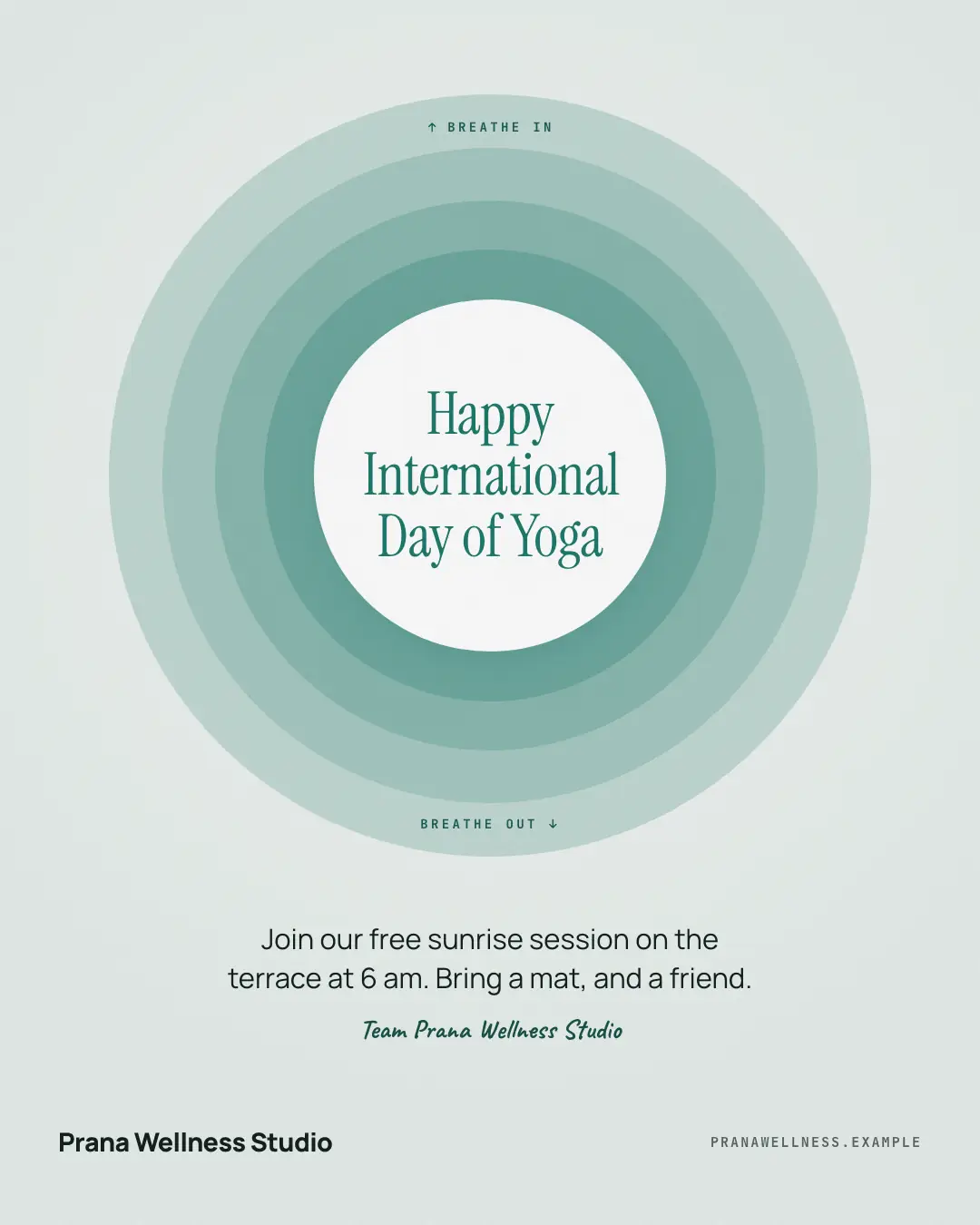 Sample Yoga Day breath creative (Festivals & occasions template), shown on the fictional brand Prana Wellness Studio