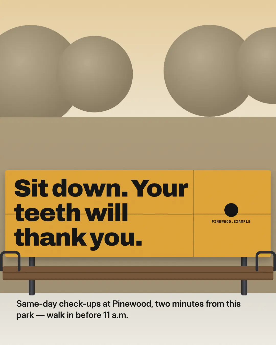 Sample Bench backrest ad creative (Posters & OOH template), shown on the fictional brand Pinewood