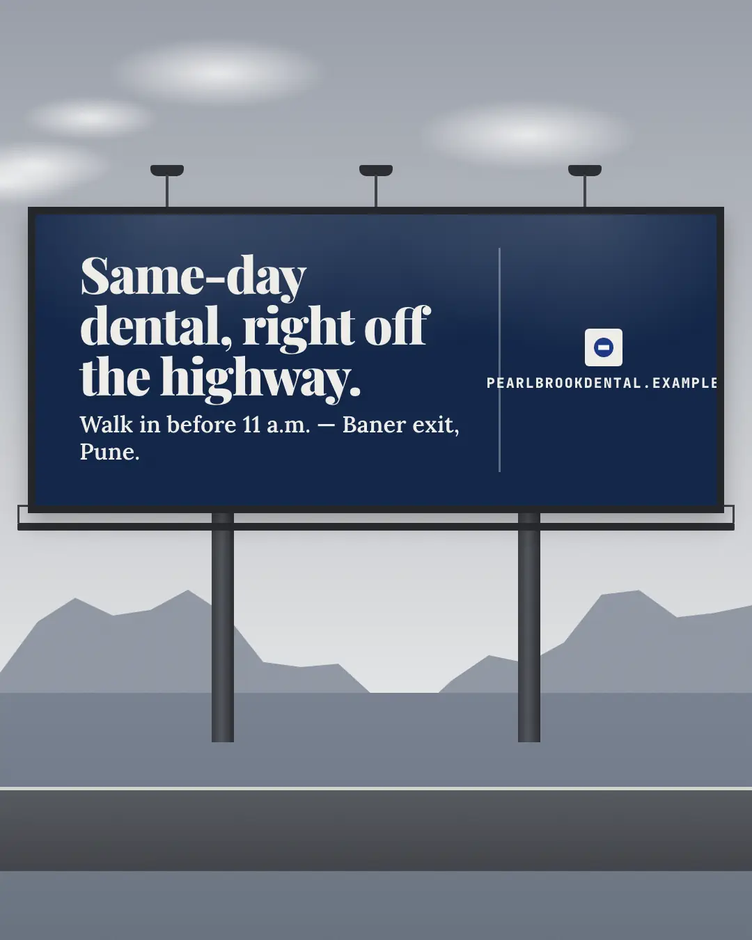Sample Roadside billboard creative (Posters & OOH template), shown on the fictional brand Pearlbrook Dental