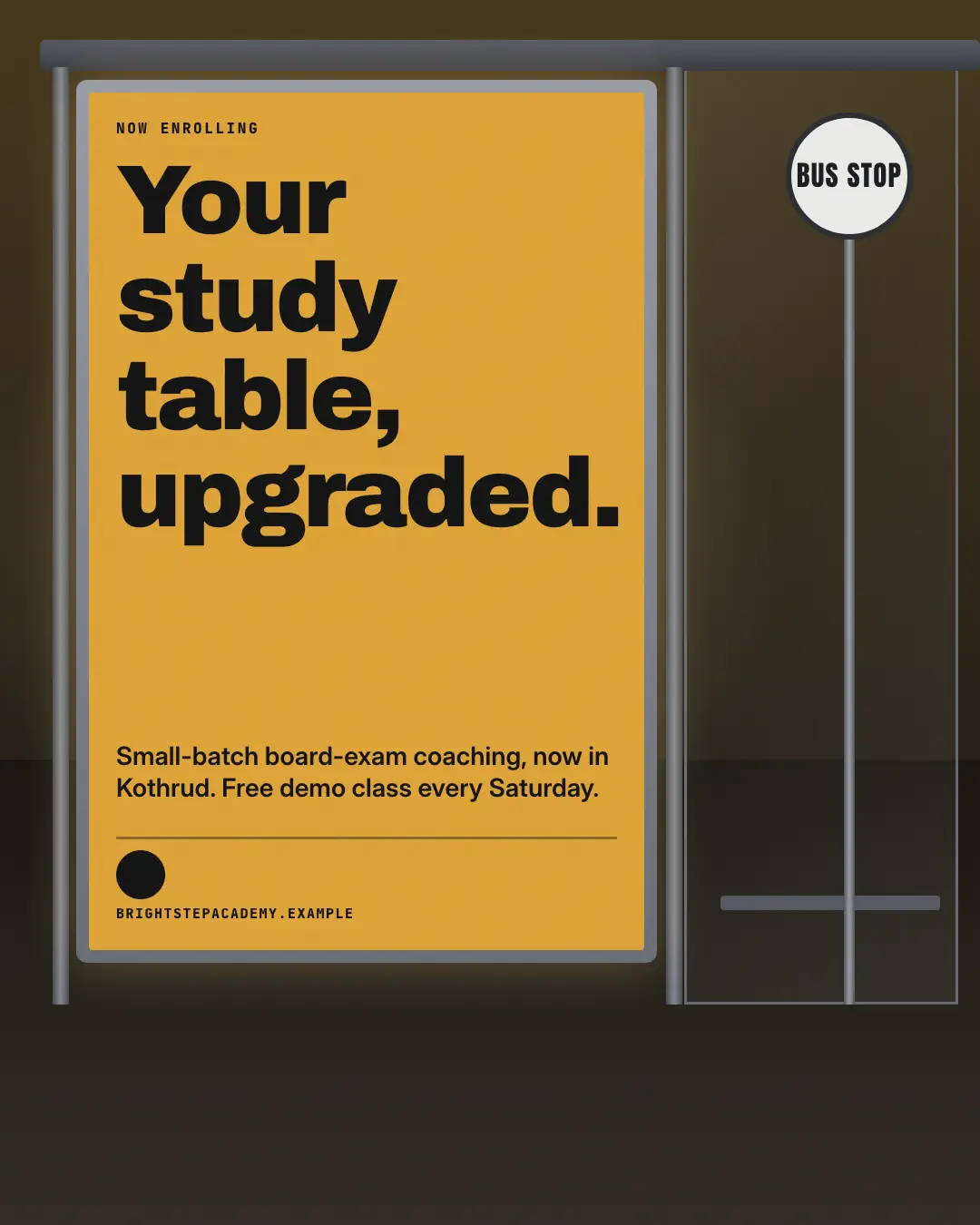 Sample Bus-shelter poster creative (Posters & OOH template), shown on the fictional brand Brightstep Academy