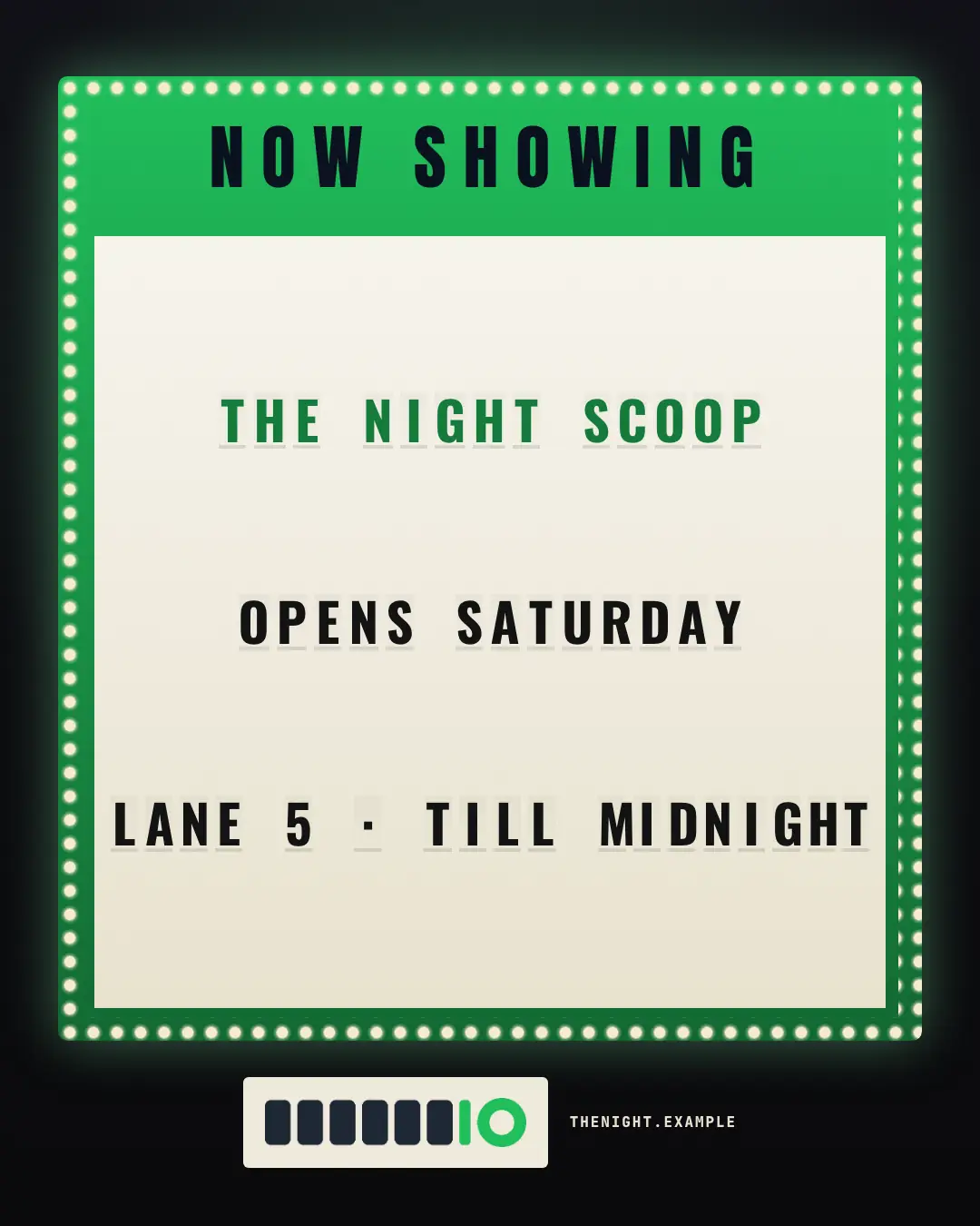 Sample Cinema marquee creative (Posters & OOH template), shown on the fictional brand The Night Scoop