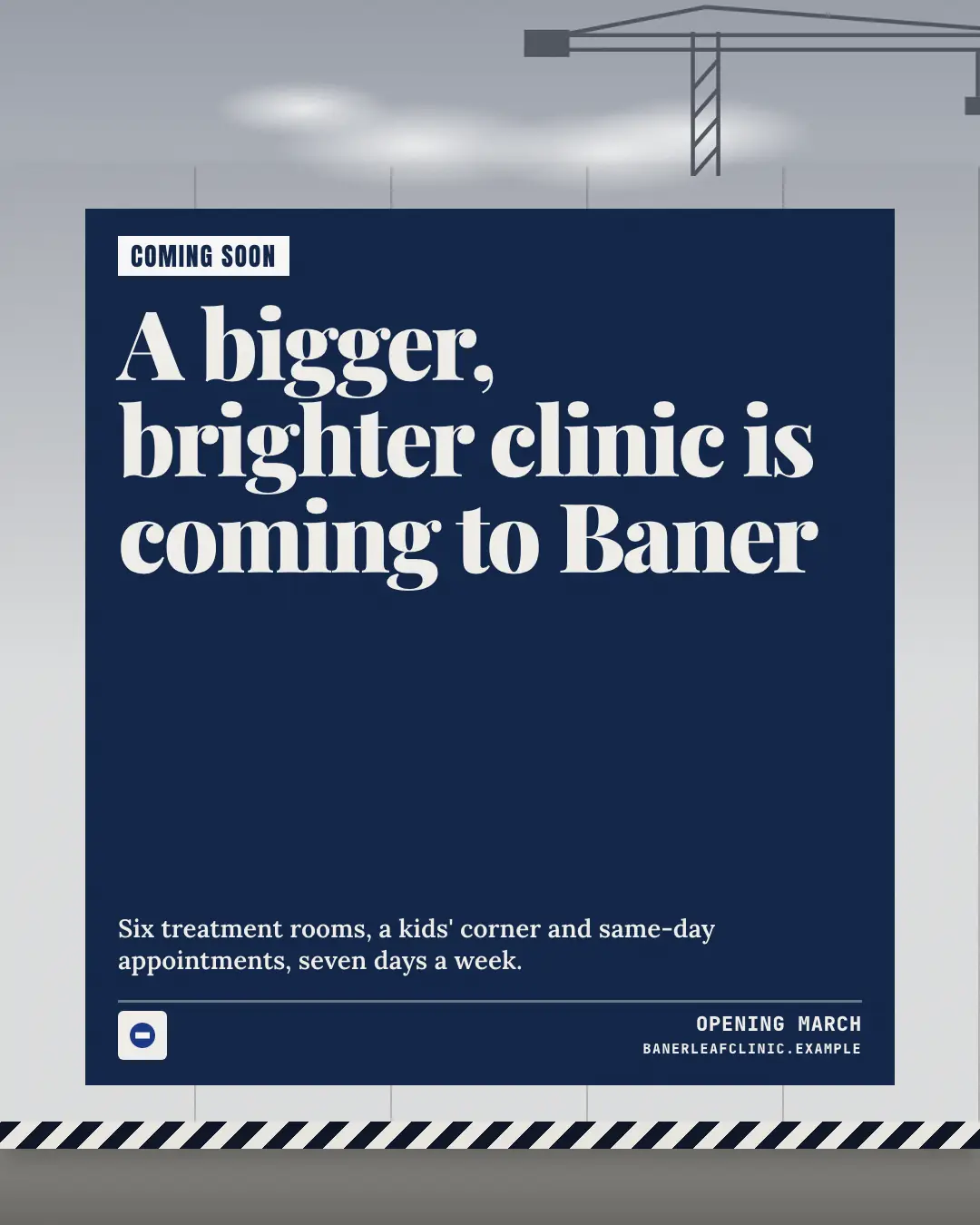 Sample Hoarding: coming soon creative (Posters & OOH template), shown on the fictional brand Banerleaf Clinic
