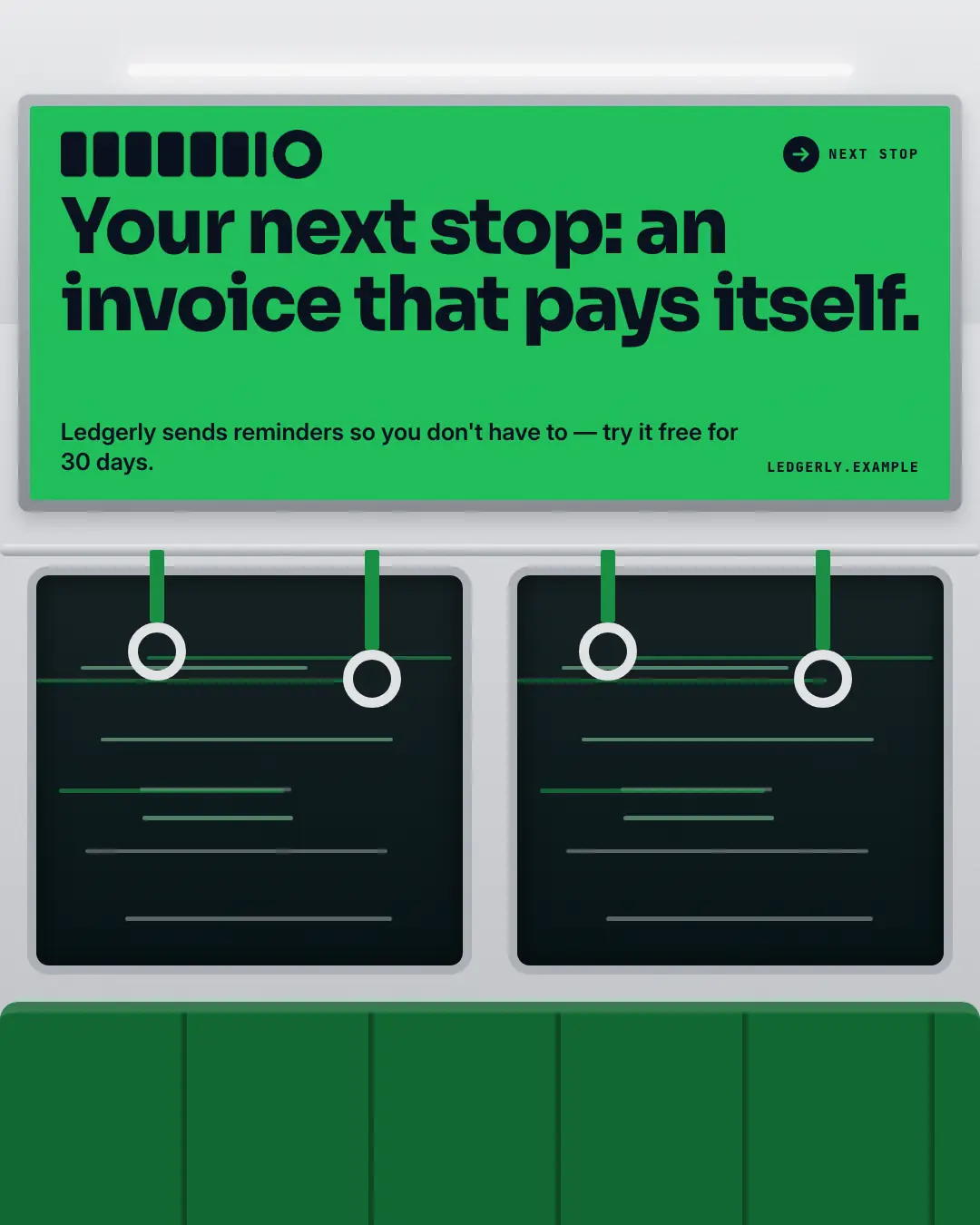 Sample Subway card creative (Posters & OOH template), shown on the fictional brand Ledgerly