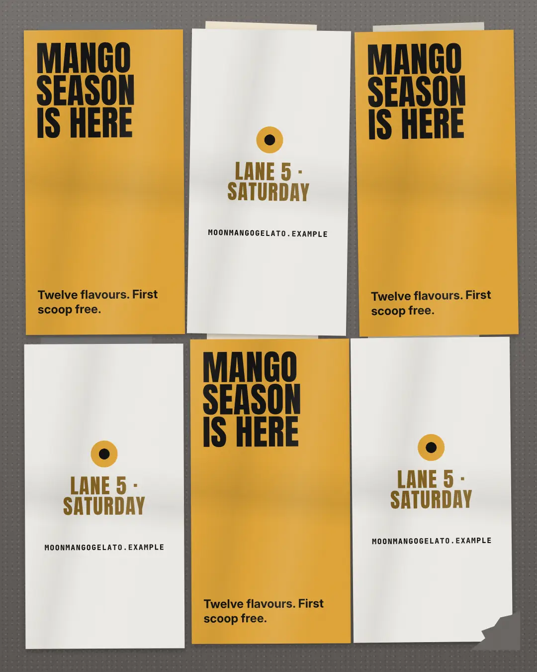 Sample Wheatpaste poster wall creative (Posters & OOH template), shown on the fictional brand Moonmango Gelato