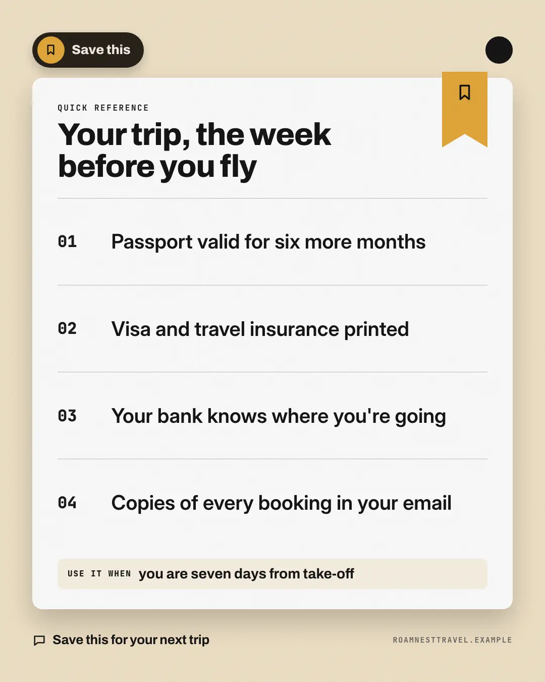 Sample Bookmark card creative (Playbooks & explainers template), shown on the fictional brand Roamnest Travel
