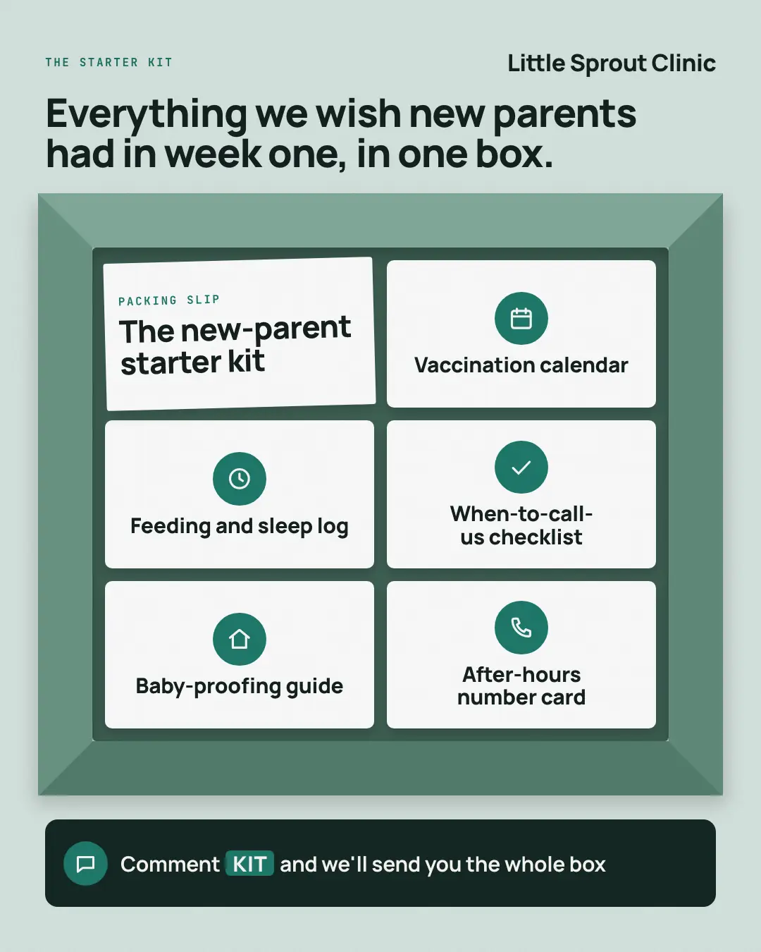 Sample What's in the box creative (Lead-magnet teasers template), shown on the fictional brand Little Sprout Clinic