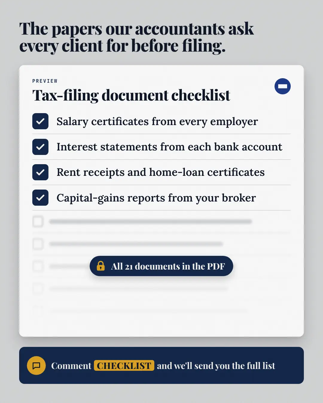 Sample Checklist preview creative (Lead-magnet teasers template), shown on the fictional brand Clearfolio Accounts