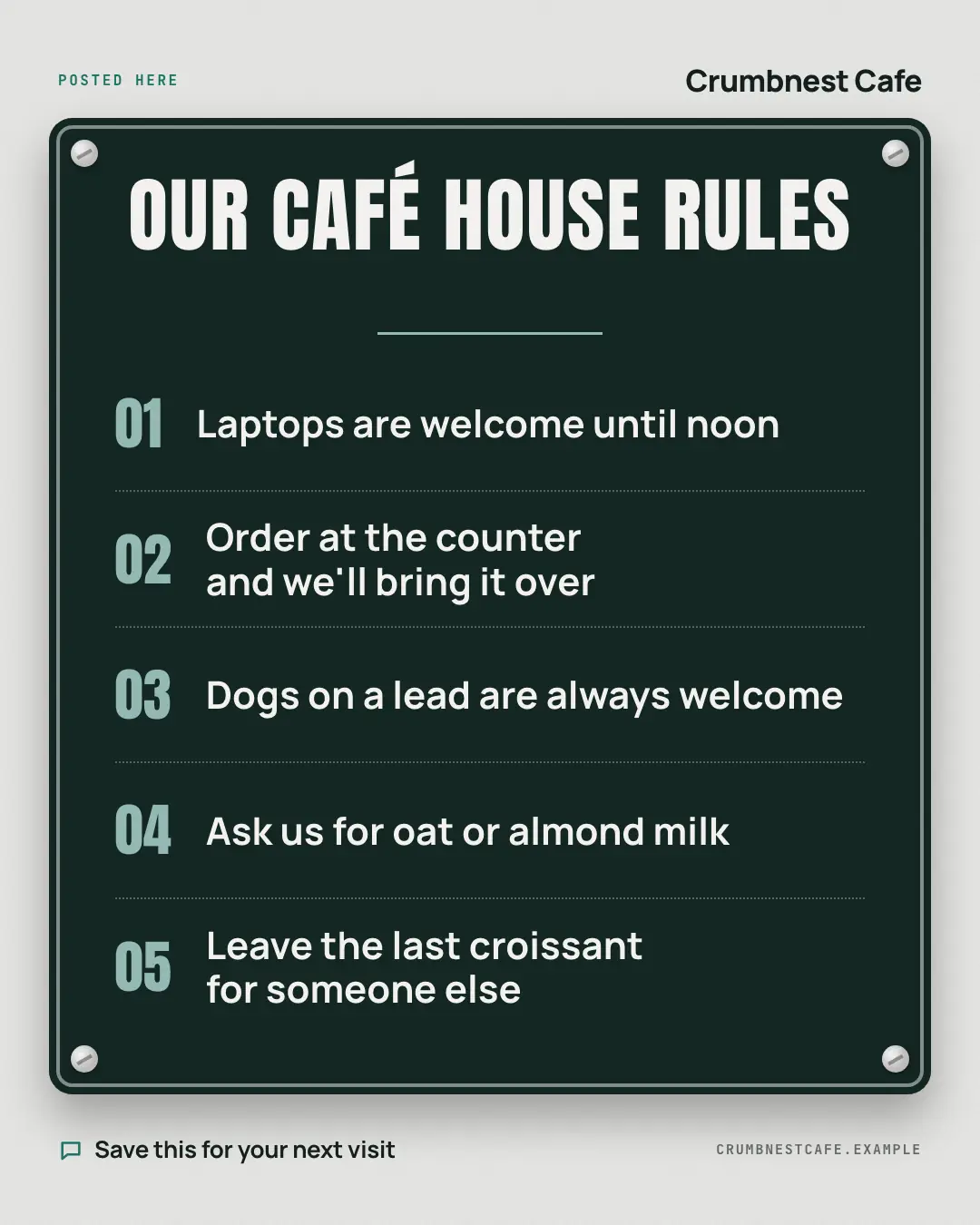 Sample House rules creative (Playbooks & explainers template), shown on the fictional brand Crumbnest Cafe