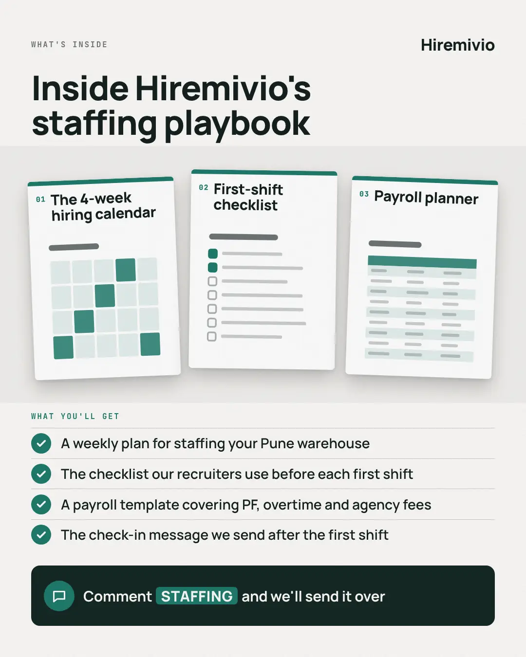 Sample Inside the playbook creative (Lead-magnet teasers template), shown on the fictional brand Hiremivio