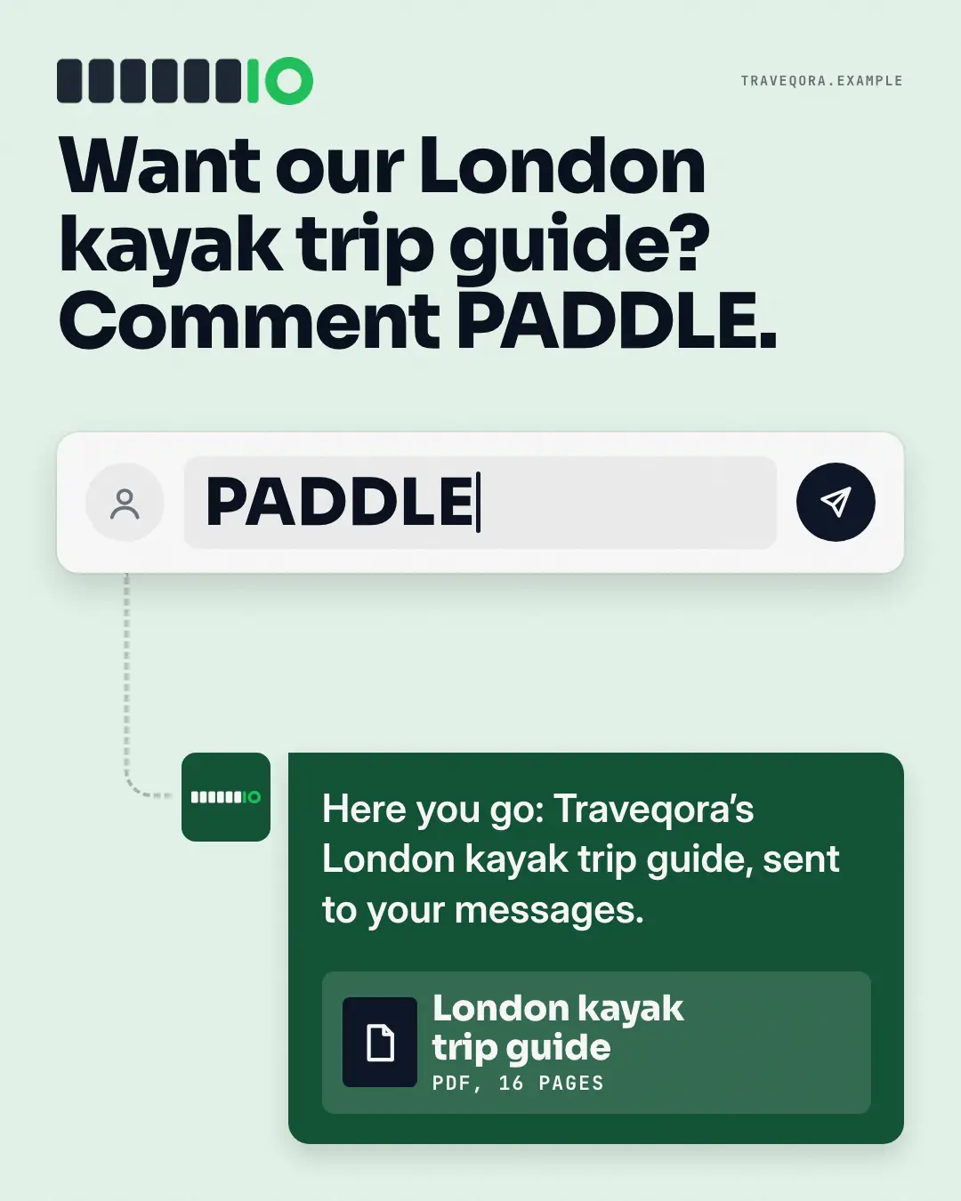 Sample Comment composer creative (Lead-magnet teasers template), shown on the fictional brand Traveqora