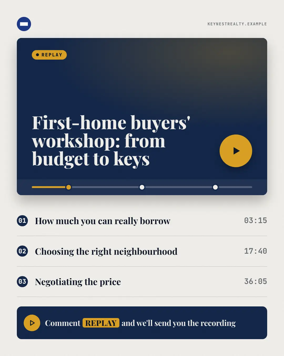 Sample Webinar replay creative (Lead-magnet teasers template), shown on the fictional brand Keynest Realty