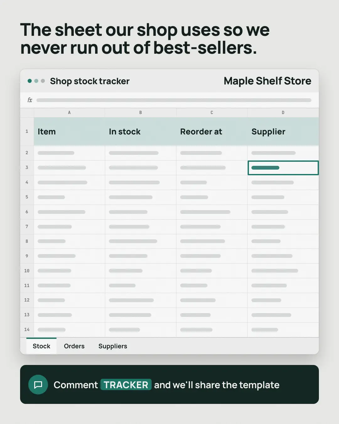 Sample Spreadsheet template creative (Lead-magnet teasers template), shown on the fictional brand Maple Shelf Store