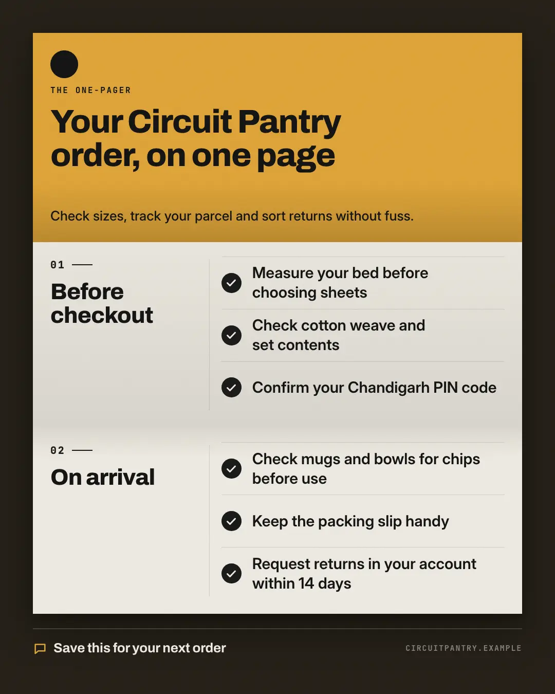 Sample Tri-fold one-pager creative (Playbooks & explainers template), shown on the fictional brand Circuit Pantry