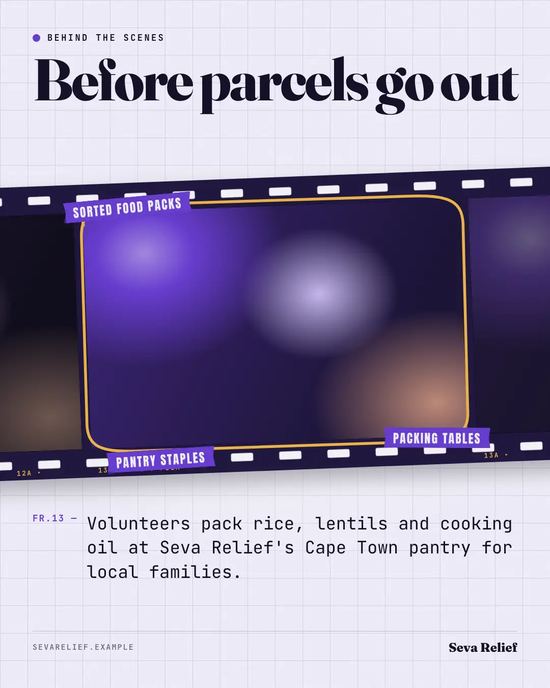 Sample Behind the scenes creative (People & story template), shown on the fictional brand Seva Relief