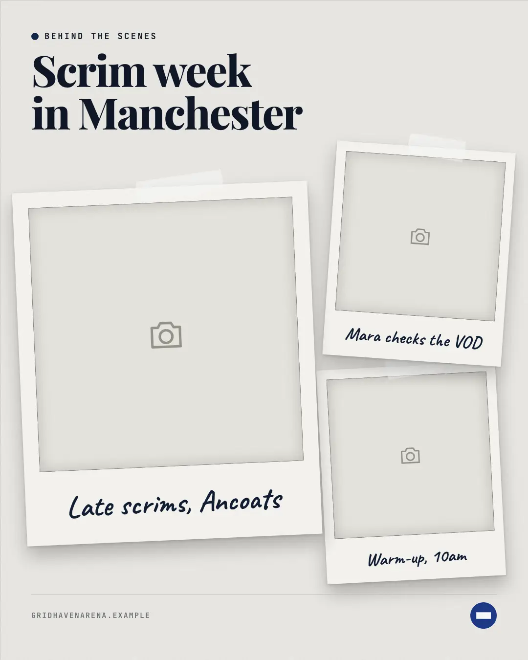 Sample Behind-the-scenes collage creative (People & story template), shown on the fictional brand Gridhaven Arena