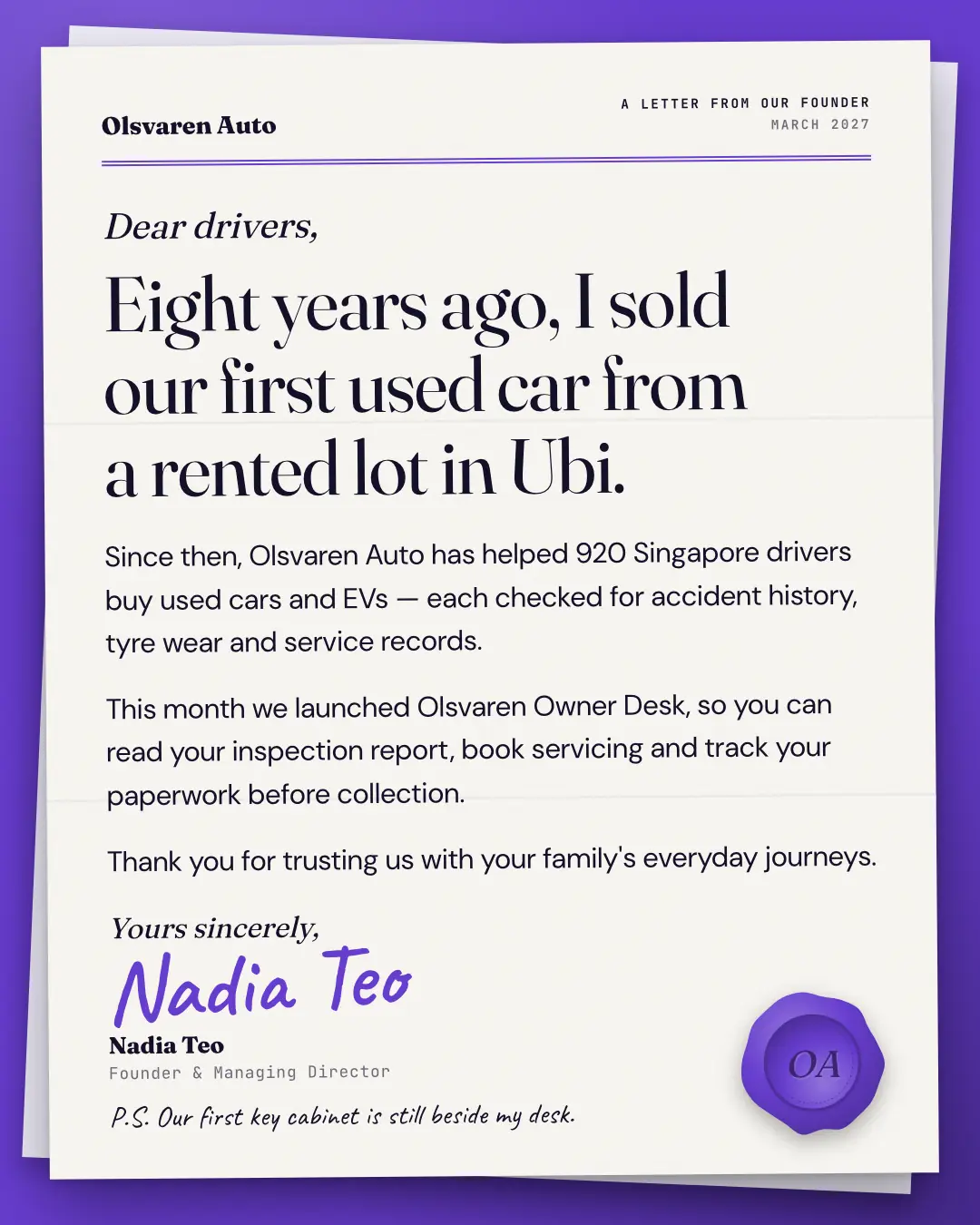 Sample Founder letter creative (People & story template), shown on the fictional brand Olsvaren Auto