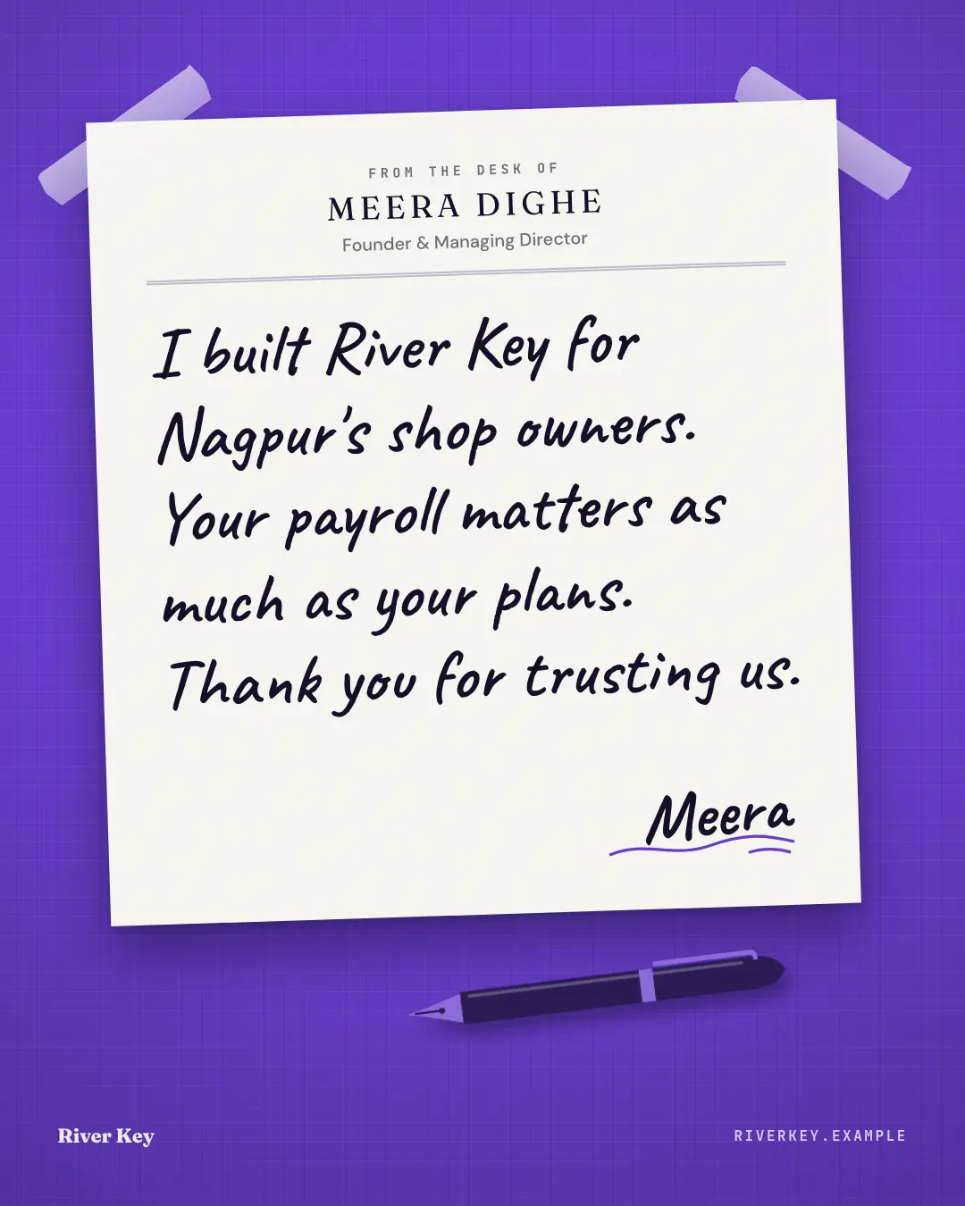 Sample Founder's note creative (People & story template), shown on the fictional brand River Key