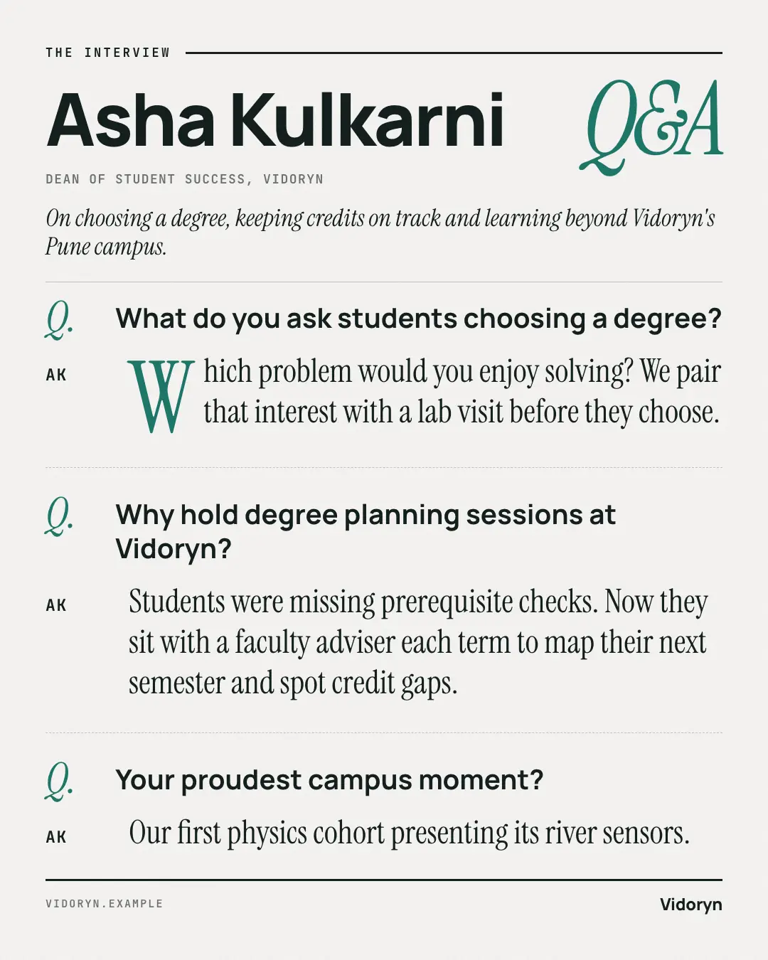 Sample Interview Q&A creative (People & story template), shown on the fictional brand Vidoryn