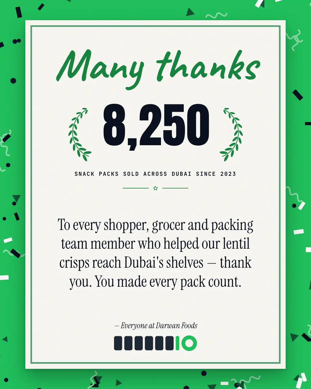 Sample Milestone thank-you creative (People & story template), shown on the fictional brand Darwan Foods
