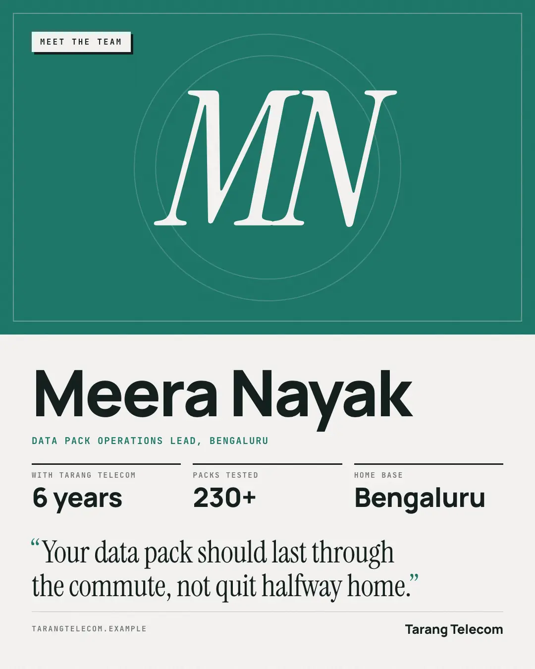 Sample Team spotlight creative (People & story template), shown on the fictional brand Tarang Telecom