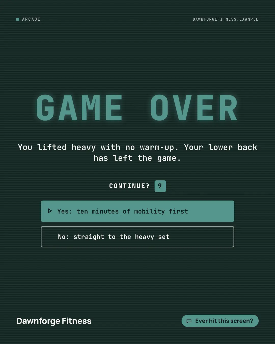 Sample Arcade retry creative (Tabletop & arcade template), shown on the fictional brand Dawnforge Fitness