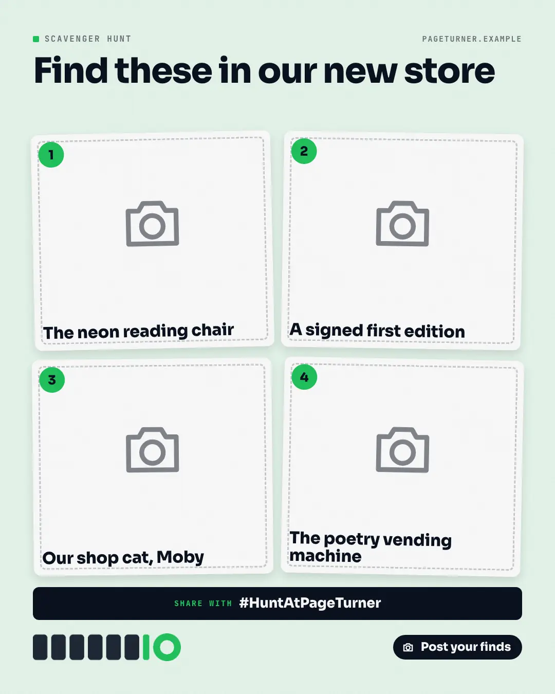 Sample Scavenger hunt creative (Tabletop & arcade template), shown on the fictional brand PageTurner