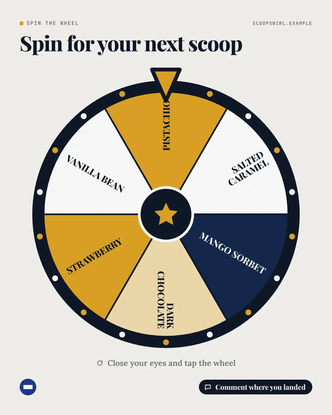 Sample Spin the wheel creative (Tabletop & arcade template), shown on the fictional brand Scoop & Swirl