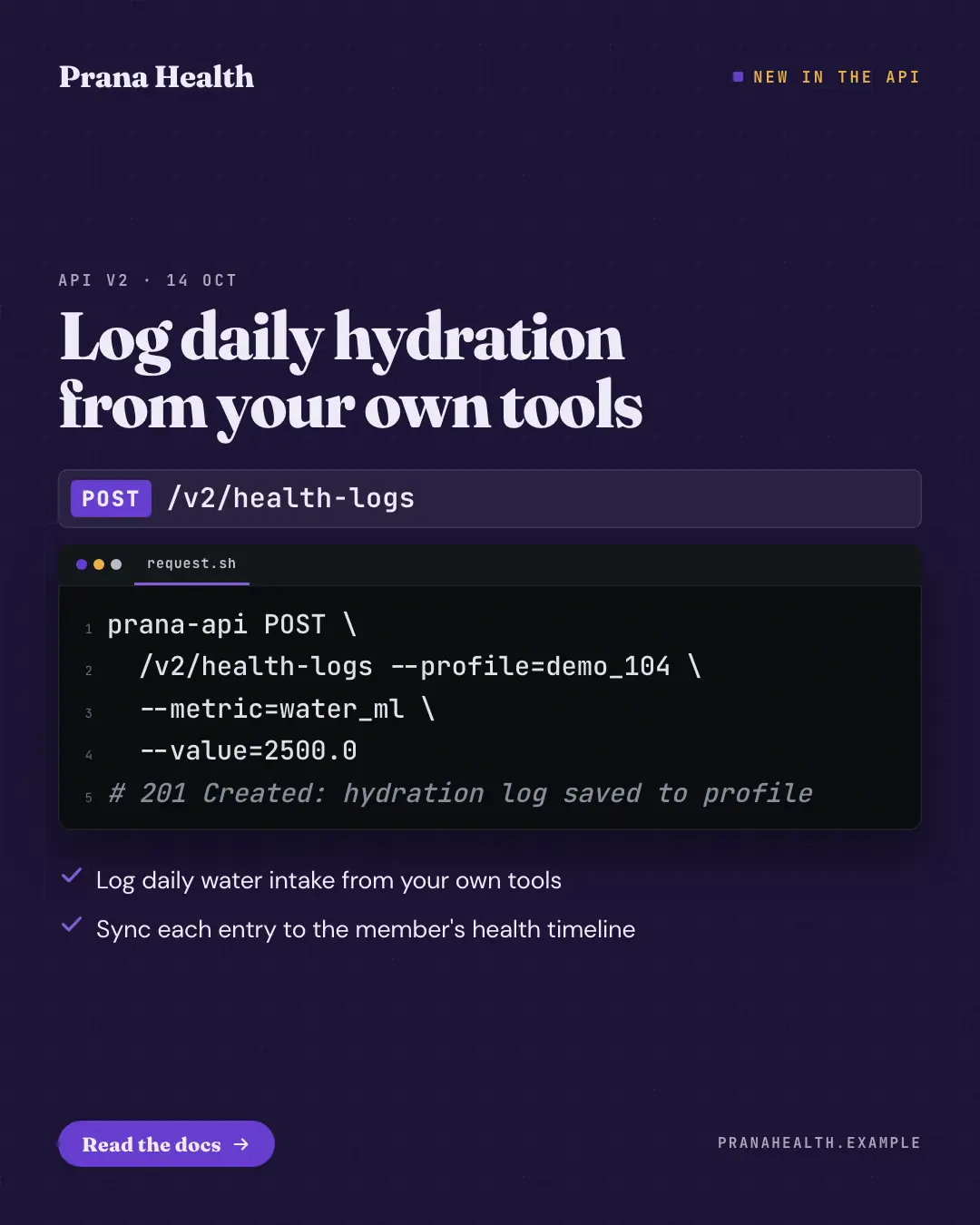 Sample API release card creative (Releases & roadmaps template), shown on the fictional brand Prana Health