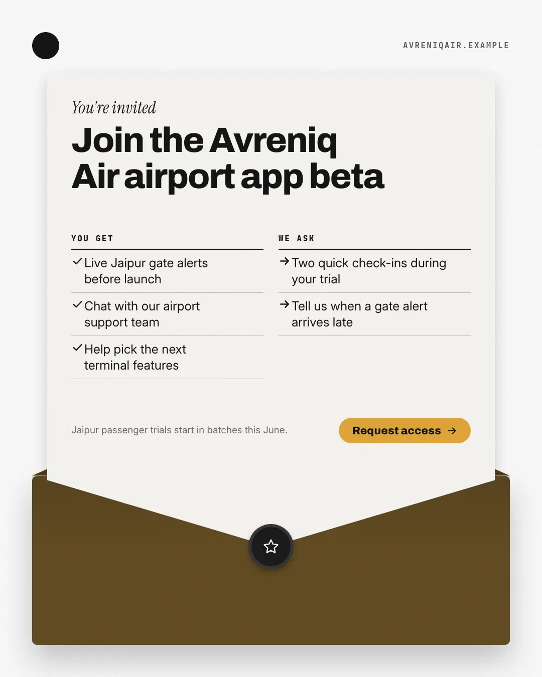 Sample Beta invitation creative (Openings & reveals template), shown on the fictional brand Avreniq Air