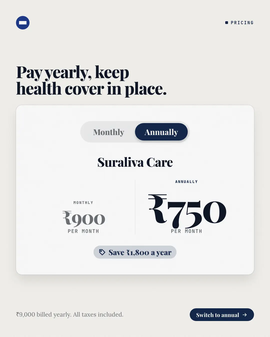 Sample Monthly or annual switch creative (Pricing & integrations template), shown on the fictional brand Suraliva