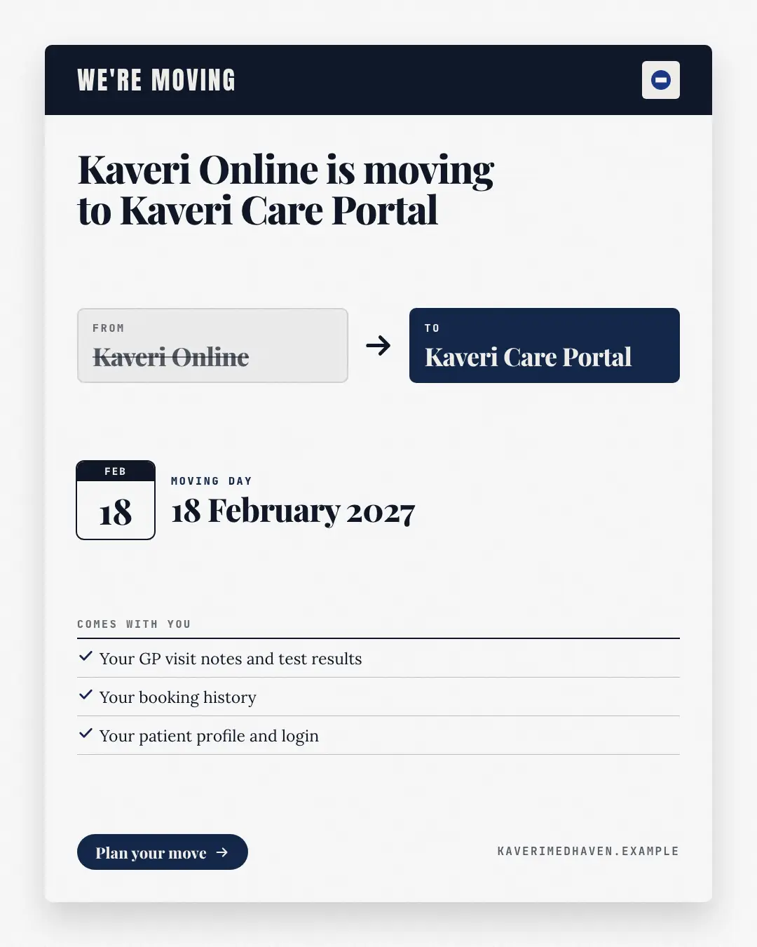 Sample We're-moving card creative (Releases & roadmaps template), shown on the fictional brand Kaveri Medhaven