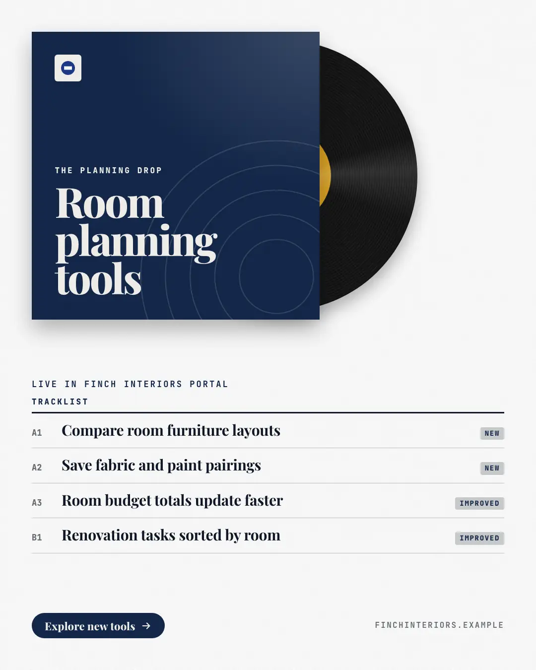 Sample Vinyl release creative (Openings & reveals template), shown on the fictional brand Finch Interiors