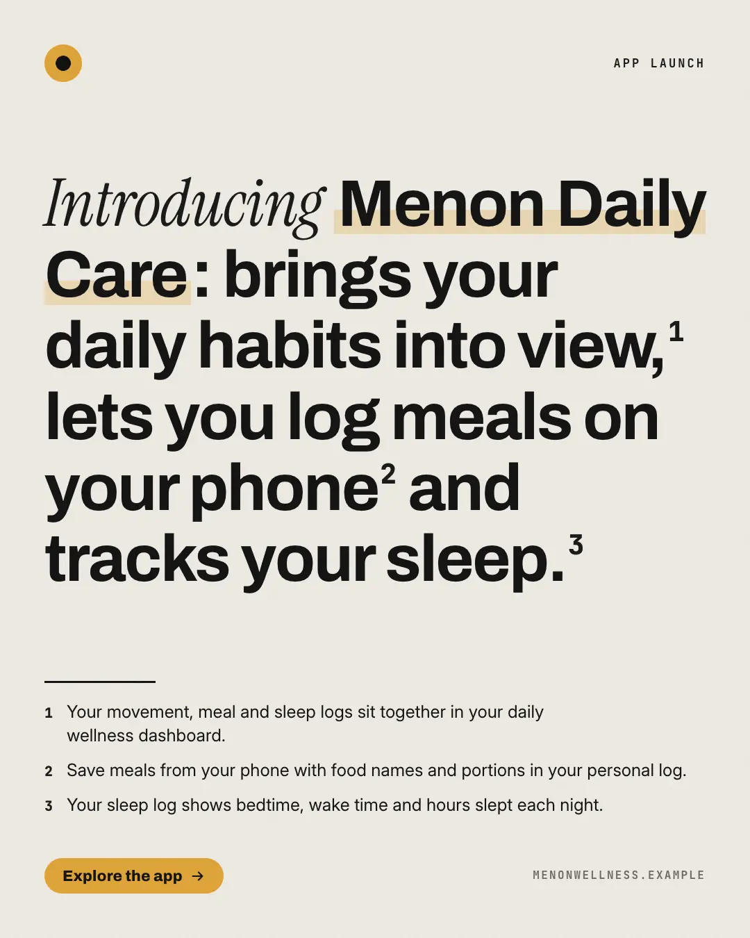 Sample Footnoted headline creative (Openings & reveals template), shown on the fictional brand Menon Wellness